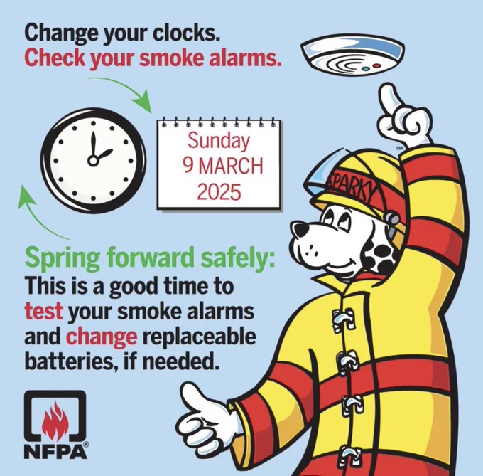 Sparky the fire dog reminds you to change your clocks on March 9 and test your smoke alarms and replace their batteries.
