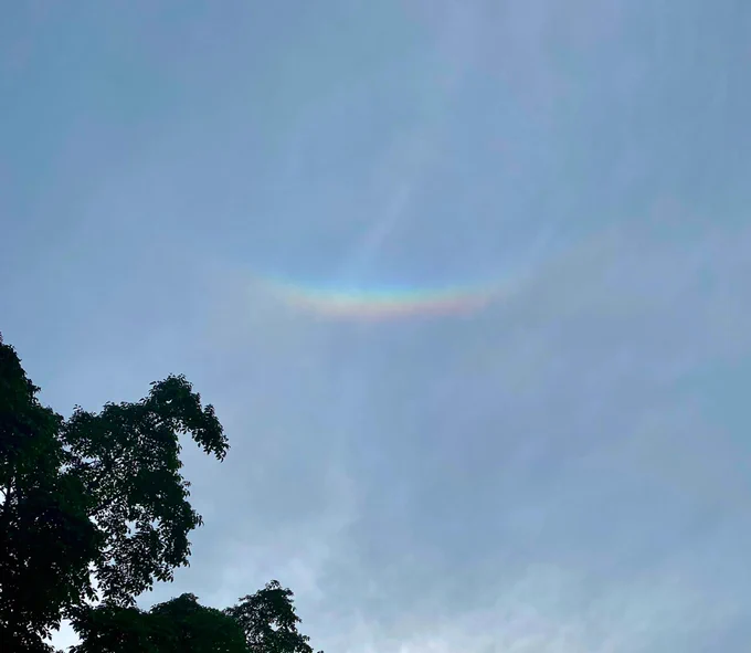 The 22° halo was much fainter but a brightly colored circumzenithal arc (very high in the sky and circling the zenith) was clearly visible. Photo by  Lourdes B. Avilés.