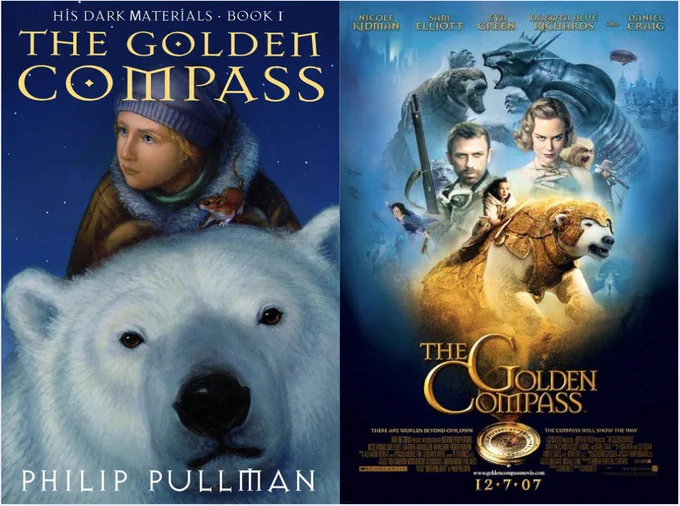 A comparison between the cover of The Golden Compass and its film counterpart's movie poster. The book has a young girl, bundled up with a mouse, riding a polar bear. The Bear's face takes up most of the cover. The movie poster is much busier, with a girl riding an armored polar bear in the foreground, two nefarious looking adults behind her, and two armored polar bears fighting in the background.