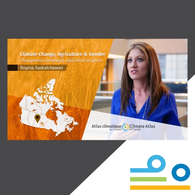 Video thumbnail for “Climate Change, Agriculture, and Gender” above a dark grey background, with the Prairie Climate Centre logo in the corner.