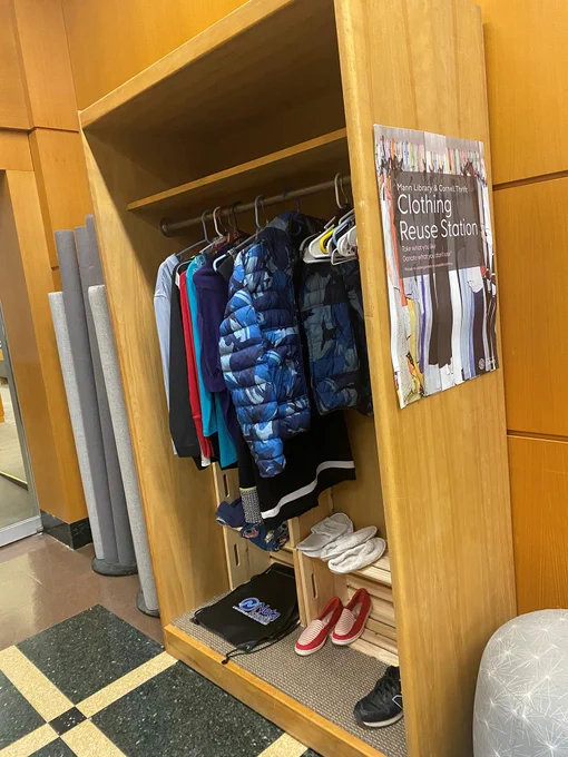 Photo of clothing exchange station in the Mann Library lobby