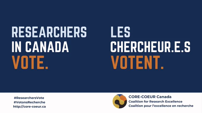A poster with navy background and text in pale blue, white, and orange which reads: Researchers in Canada Vote. Les chercheur.e.s Votent. Une affiche avec un fond bleu marine et des mots en bleu pale, blanc et orange lisant: Researchers in Canada Vote. Les chercheur.e.s votent.
