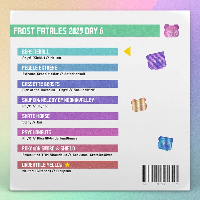 8-Beats track list with the Frost Fatales 2025 Day 6 schedule and text that reads:

Beastieball
Any% (Kichik) // Hallow

Peggle Extreme
Extreme Grand Master // SatanHerself

Cassette Beasts
Pier of the Unknown - Any% // SnowballSMB

Snufkin: Melody of Moominvalley
Any% // Jaypeg

Skate Horse
Story // Oni

Psychonauts
Any% // AliceAtWonderlandGames

Pokémon Sword & Shield
Eeveelution TAM Showdown // Corvimae, GretaIceVixen

Undertale Yellow
Neutral (Glitched) // Bloupeuh