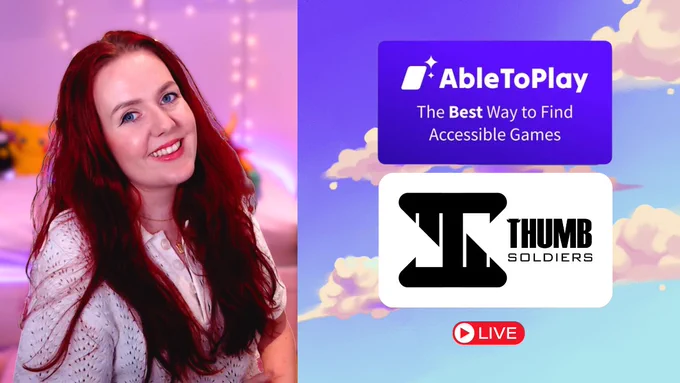 Arevya smiling at the camera and to the right there is two logos, one for "Able to Play" and one for "Thumb Soldier"