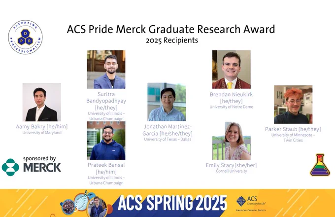 Seven headshots of the 2025 recipients of the ACS Pride Merck Graduate Research Award are shown on a tan background with their names, pronounces, and institution are displayed. Additionally, the Merck green and gray name logo are shown under the "sponosred by MERCK". The ACS PROF Divsion and Pride subdivision logos are also on the graphic.
