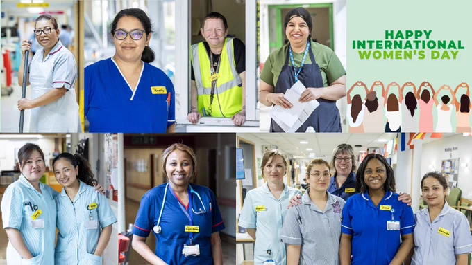 Collage of diverse professionals celebrating International Women's Day, featuring individuals in various uniforms including healthcare, security, and retail, with a 'Happy International Women's Day' banner centered at the top.