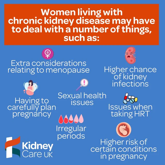 Infographic by Kidney Care UK highlighting health issues commonly faced by women living with chronic kidney disease, including menopause-related symptoms, sexual health issues, pregnancy planning, irregular periods, higher kidney infection risk, issues with hormone replacement therapy, and elevated pregnancy risks.