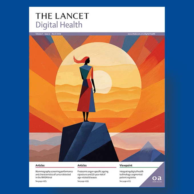 Alt-text: The cover of The Lancet Digital Health March issue. On the cover is an illustrated image of a woman stood on a rock, looking out at a sunrise setting over the ocean. Cover image by Boris SV/Getty Images.⁠