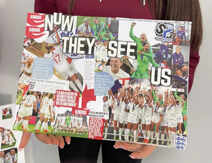 A collage poster created from She Kicks magazine cut-outs, with the headline NOW THEY SEE US