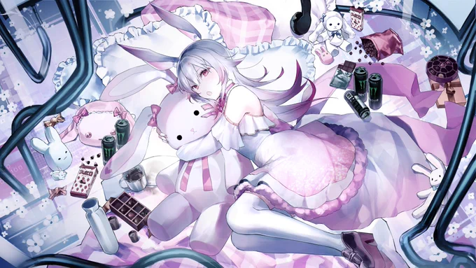 A bunny VTuber hugging a bunny plushy on cushions with wires, chocolates, Monster energy, and sake cups all around her.