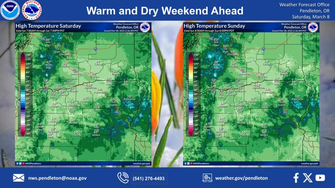 Graphic shows the high temperature forecast today, and high temperatures across the area on Sunday. Today and Sunday's high temperatures will be reaching into the mid-60s across Central Oregon, Blue Mountain foothills, and the Lower Columbia Basin. 