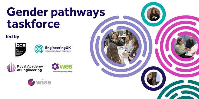 Gender pathways taskforce
Led by:
Logos from bcs, EngineeringUK, Royal Academy of Engineering, Women's Engineering Society, Wise