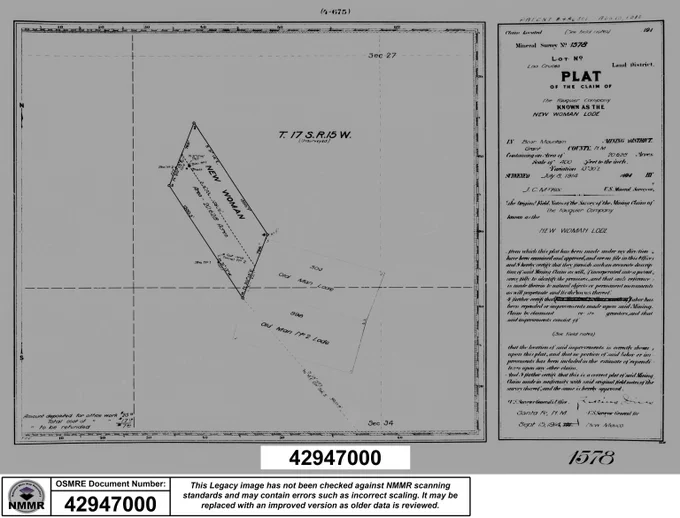 Picture depicts an Abandoned Mine map of a Plat for the New Woman's Mine 