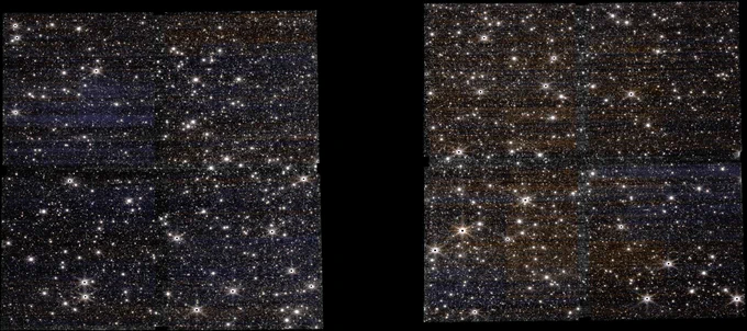A side-by-side comparison of two slightly different Hubble Space Telescope images of NGC 5139, a globular cluster, showing a dense field of stars against a dark background.