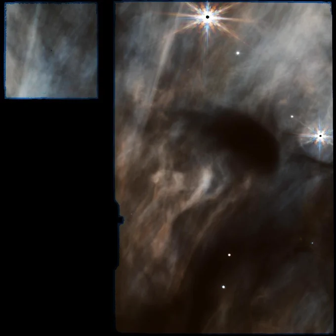 A MIRI (Mid-Infrared Instrument) image of the protostar HOPS-96. The image features a large, dark, amorphous cloud formation dominating the center, surrounded by wispy, illuminated nebulosity with hints of brown and orange tones. Two prominent stars with diffraction spikes are visible, along with several fainter point sources against a dark background. A smaller, square inset in the top left corner shows a fainter, more diffuse view of the same region.