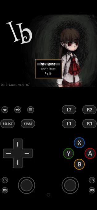 Screenshot taken on iOS. The title screen of the game Ib at the top and RetroArch Virtual GamePad buttons at the bottom.