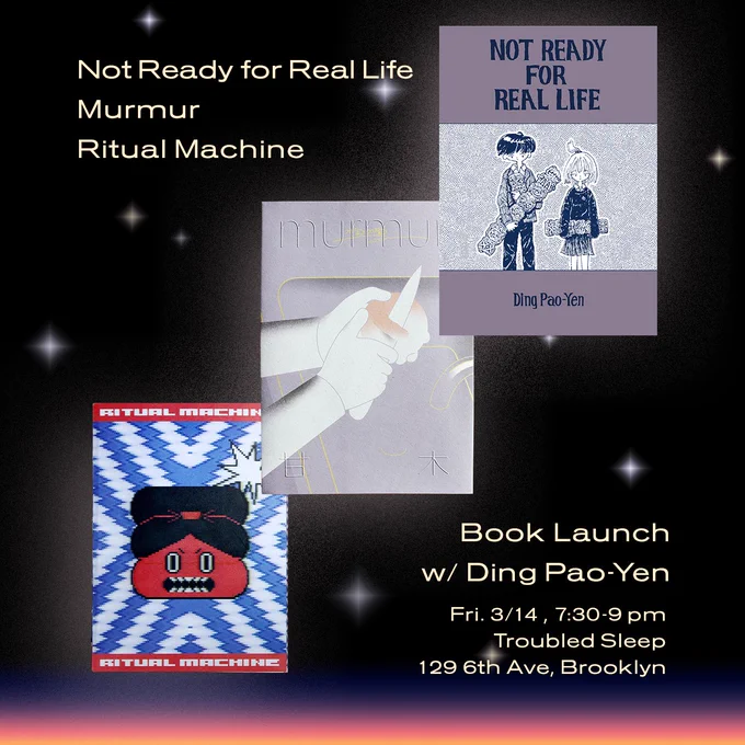 The covers of the three books float out of a glittering night sky. The cover of Not Ready For Real Life features an illustration of two characters holding ornate archeological objects from a lost civilization.