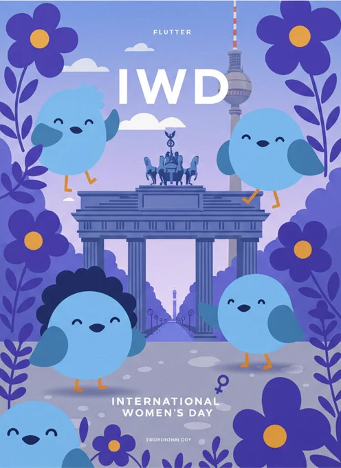 Five illustrated dashes with diverse hairstyles are smiling in front of an AI-generated Berlin-themed background. The Brandenburg Gate and TV Tower are visible, symbolizing the city's iconic landmarks. The image celebrates International Women's Day and highlights the contributions of women and non-binary individuals in the Flutter community. 