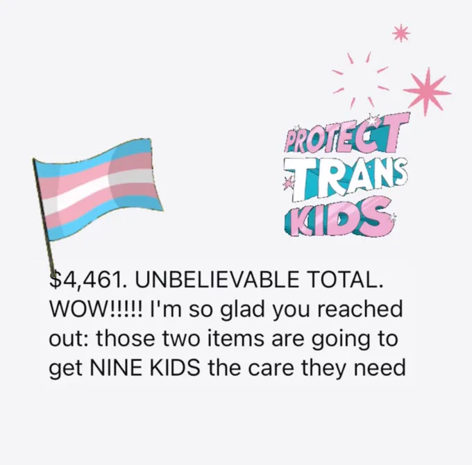 Screenshot of Gypsy Taylors Instagram Story with a Trans Pride Flag, pick blue and white letters that say "Protect Trans Kids". In black text it says $4461. Unbelievable Total. WOW!!!!! I'm so glad you reached out: those two items are going to get NINE KIDS the care they need. 