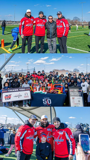 A photo collage from today's So Kids Can Equipment Unveiling at The Fields at RFK Campus featuring Tom Wilson, Martin Fehervary, Elliot Segal, and Nicklas Backstrom.