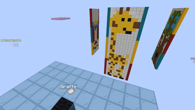Pixel art of a cute giraffe made out of minecraft wool, on a floating canvas