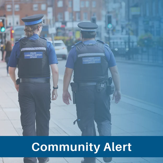 The image shows two PCSO's walking down a high street.