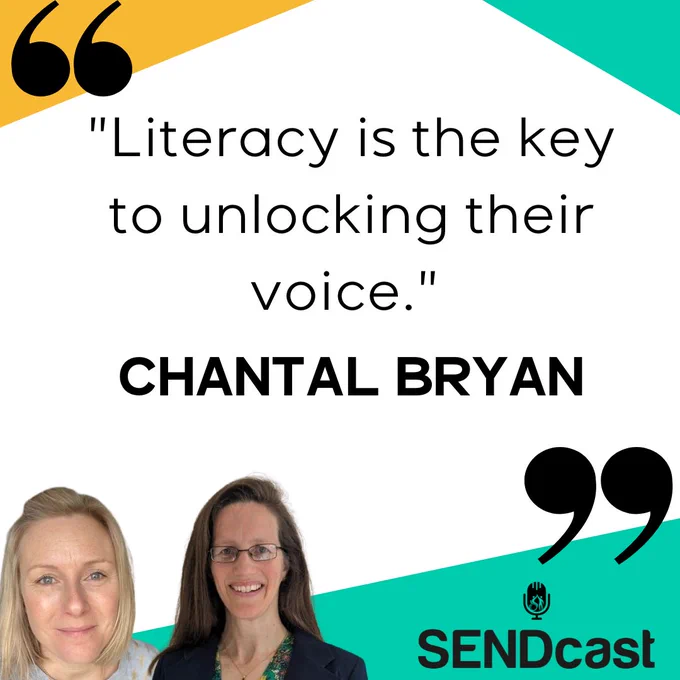 Image is a quote with 2 women pictured. Text reads 'Literacy is the key to unlocking their voice'. Chantal Bryan 
