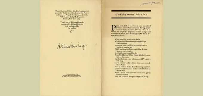 Open pages of a book's title page. The poem is "The fall of America".