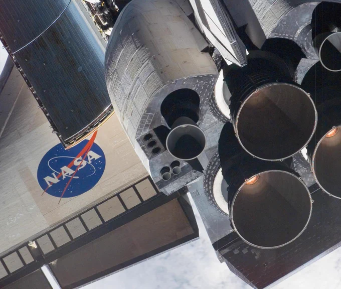 A close-up view of Space Shuttle Endeavour's tail section showing NASA's meatball logo on the orbiter's wing was provided by Expedition 16 crewmembers on the International Space Station in March 2008.