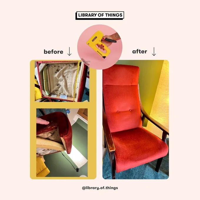 A before and after of a chair being restored after using a tool from the Library of Things