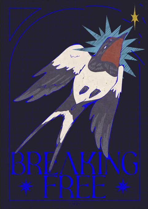 Digital painting of a swallow flying towards a star. The frame is broken, allowing it to leave.