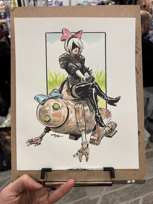 Ink and watercolor drawing of 2B from NieR Automata. She's wearing a pink bow and sitting atop the big sister machine, who wears a blue bow.