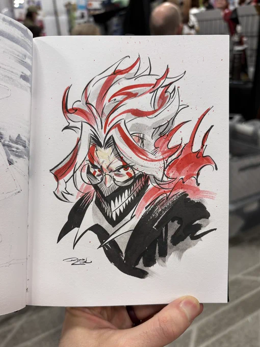 Ink and watercolor sketch of Okarun in his transformed mode from Dandadan, drawn from the chest up.