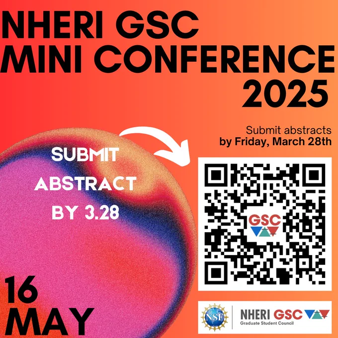 NSF & NHERI GSC logos with QR code of NHERI GSC Mini-Conference submission. The text reads, "NHERI GSC Mini-Conference May 16, 2025. Apply below to present at the virtual conference by March 28, 2025 (https://bit.ly/2025NHERIGSC_MCAbstract).  