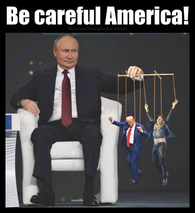 Putin sitzt lächelnd im Sessel und lässt Trump und Musk als Marionetten tanzen. / Putin sits in his armchair, smiling, and lets Trump and Musk dance like puppets.