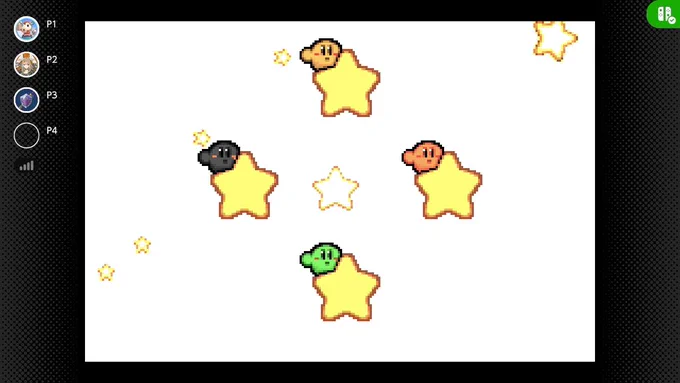 Kirby and the amazing mirror. The four kirby's in yellow, dark grey, green, and orange wave at the players from their warp stars. This is a multiplayer session and the three players plus a cpu have finally beaten the game