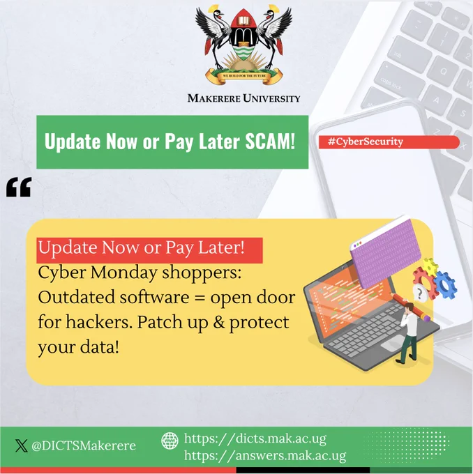 #CyberMonday
💻 Update Now or Pay Later!

Cyber Monday shoppers: Outdated software = open door for hackers. Patch up & protect your data!

🔗 Avoid Ransomware Disasters: https://dicts.mak.ac.ug/articles/how-did-ransomware-get-so-bad 

#TechTips #SecureYourSystem