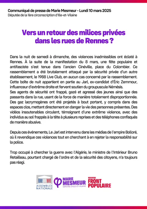 Il s’agit d’un communiqué de presse de Marie Mesmeur