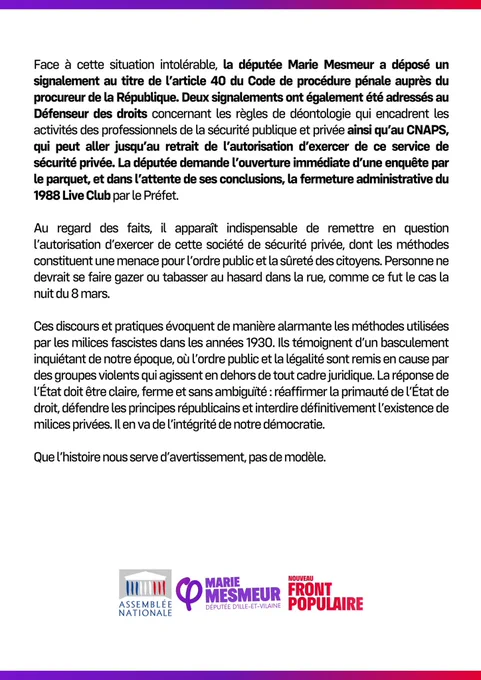 Il s’agit d’un communiqué de presse de Marie Mesmeur