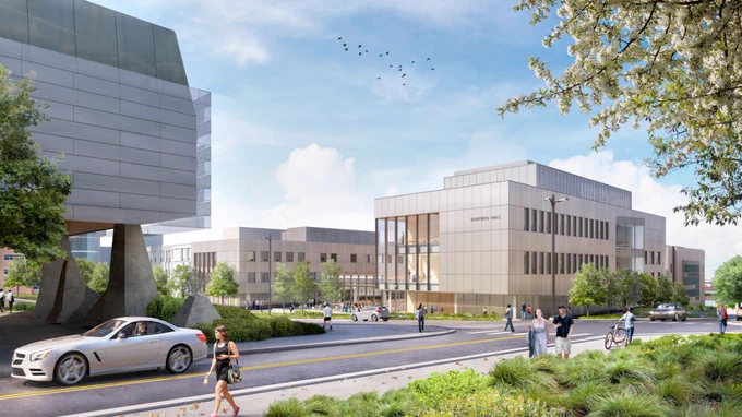 Rendering of an expanded Duffield Hall, set to transform the corner of Hoy and Campus roads by adding over 130,000 square feet of new and renovated space for the School of Electrical and Computer Engineering. Construction begins in 2025, with completion expected in 2027.