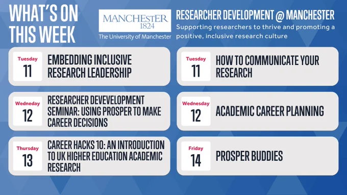 What’s on this week - Researcher Development@Manchester "Supporting Researchers to thrive and promoting a positive, inclusive research culture."

Tuesday 11 March at 10:00 - 12:00: Embedding Inclusive Research Leadership - Reflections from Coaching Research Group Leaders

Tuesday 11 March at 13:30 - 15:30: How to communicate your research

Wednesday 12 March at 13:00 - 14:00: Researcher Development Seminar: Using Prosper to Make Career Decisions

Wednesday 12 March at 13:00 - 16:00: Academic Career Planning

Thursday 13 March at 10:00 - 10:30: Career Hacks: An introduction to UK Higher Education Academic Research

Friday 14 March at 10:00 -11:00: Prosper Buddies
