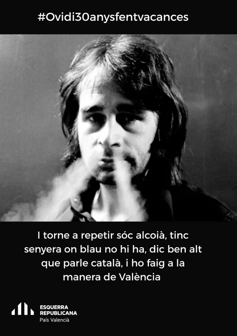Imatge que apareix al disc "Un entre tants" primer LP d'Ovidi Montllor del 1972. 
Dos anys després Ovidi gravava el disc "A Alcoi" on ens diu "diràn que m'he mort, jo no hauré mort, faré vacances". 
Avui fa trenta anys de les seues vacances i la seua veu té més sentit que mai.

ERPV l'homenatgem i recordem amb aquesta imatge. 