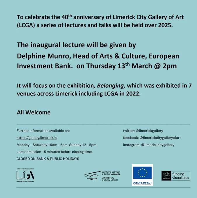 poster advertising lecture by Delphine Munro on Thursday 13th March at 2p at Limerick City Gallery of Art. 