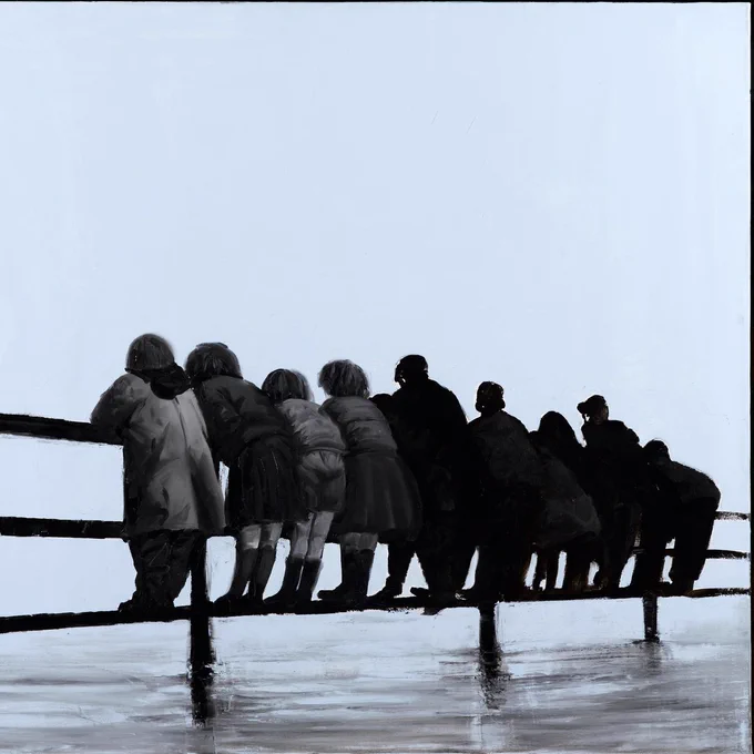 photographic image of children standing on railing looking away. artwork titled Wow, by artist Mircea Suciu, made in 2007, part of the Collection of the European Investment Bank,  © Mircea Suciu.