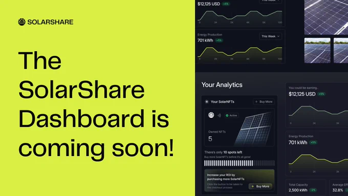 a split screen showing a title announcing the new dashboard on the left side and a screenshot of the dashboard on the right side. In the screenshot there are photos of solar farms and graphs and statistics displaying the power output and the earnings. 