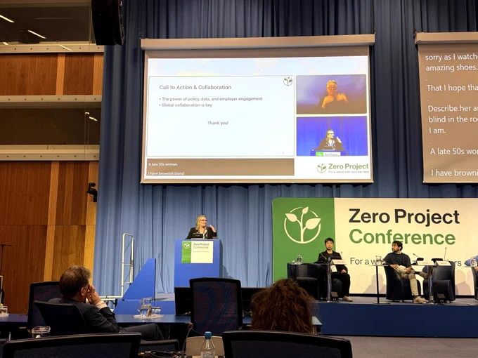 CCRW CEO Maureen Haan on stage delivering a discussion at the Zero Project Conference in Vienna