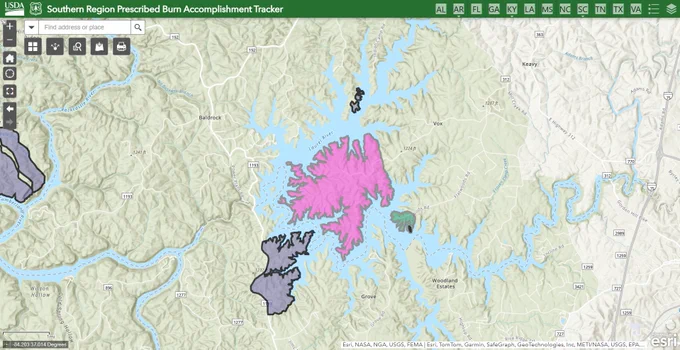 Screenshot of the Southern Region Prescribed Burn Tracker highlighting the Auger Springs prescribed burn unit.