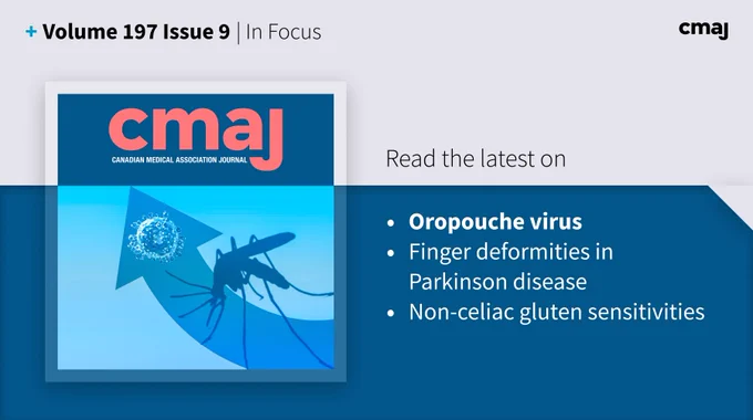 Text: New articles on oropouche virus, finger deformities in Parkinson disease, non-celiac gluten sensitivities, and more in Volume 197, Issue 9 of the CMAJ.
Image: Illustration of virus, arrow and mosquito