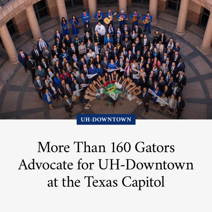 A large group of people at the Texas Capitol with text that says, “More Than 160 Gators Advocate for UH-Downtown at the Texas Capitol.”