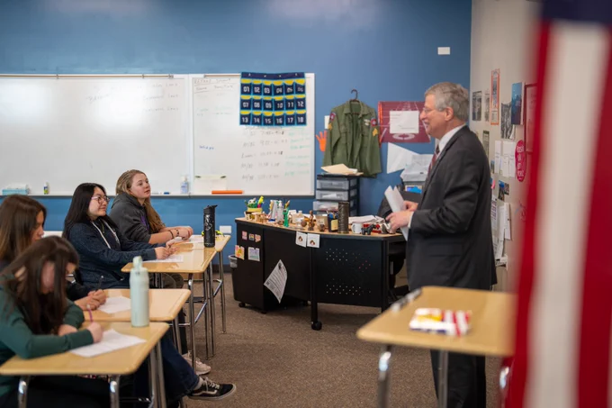 Colorado Supreme Court Justice Richard Gabriel speaks to Mead High government students